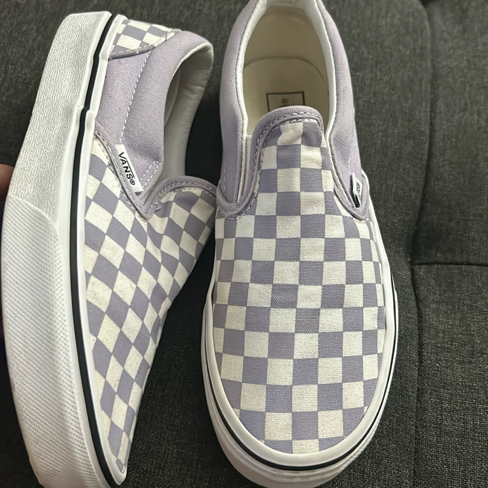 Vans kids light purple white checkered slip on sneakers shoes size 3
